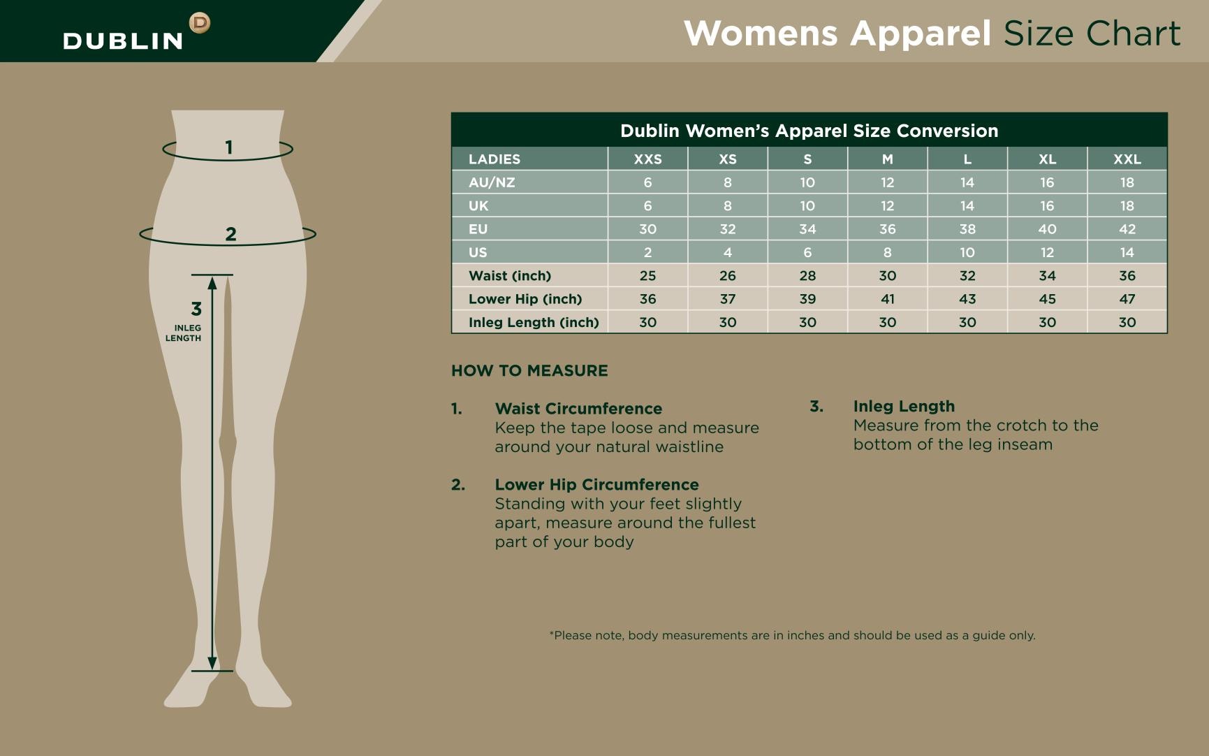 Dublin Women Legwear Size Chart