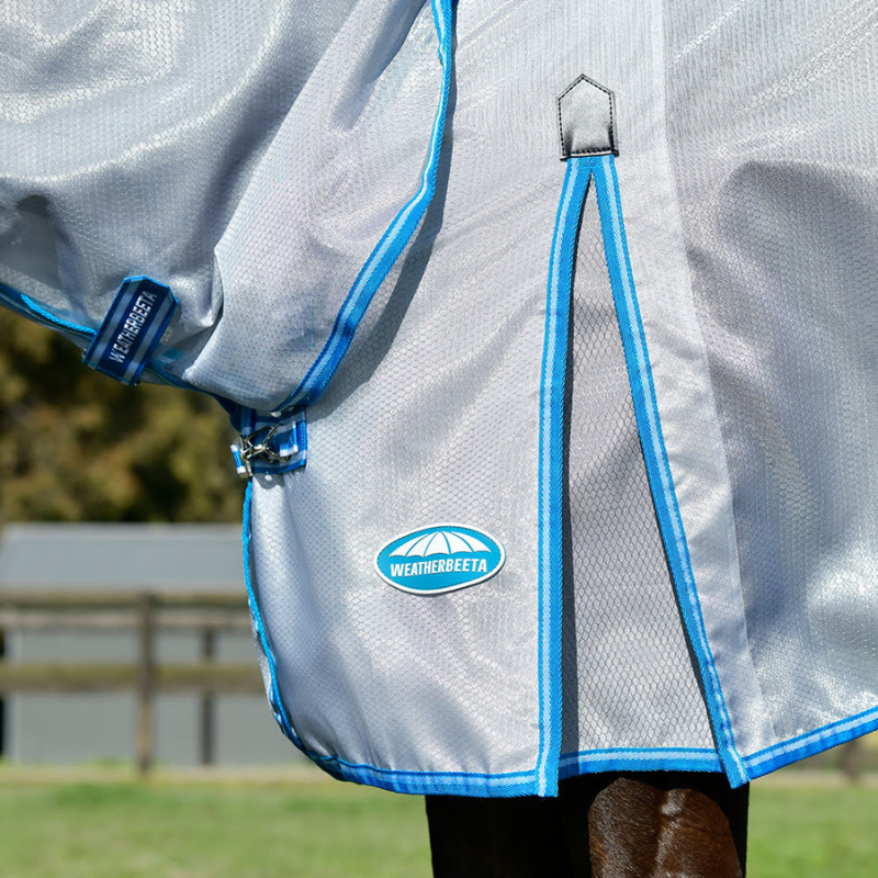 close up view of the hexi shield combo neck fly rug's leg gussets